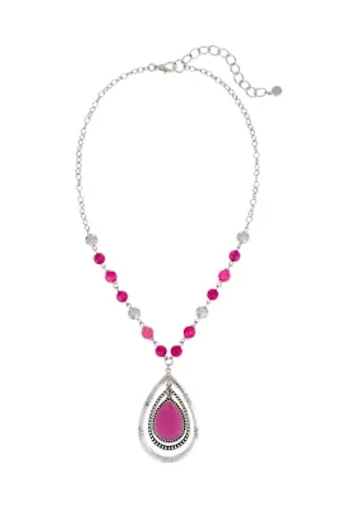 Silver-Tone Short Orbital Fuchsia Teardrop Pendant Necklace 