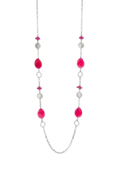 Silver-Tone Long Chain Necklace with Fuchsia Bead Stations