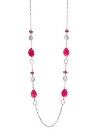 Silver-Tone Long Chain Necklace with Fuchsia Bead Stations 