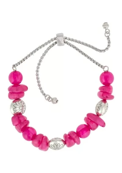Silver-Tone Fuchsia Bead Bracelet with Adjustable Pull Closure 