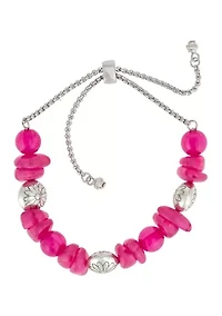 Silver-Tone Fuchsia Bead Bracelet with Adjustable Pull Closure 