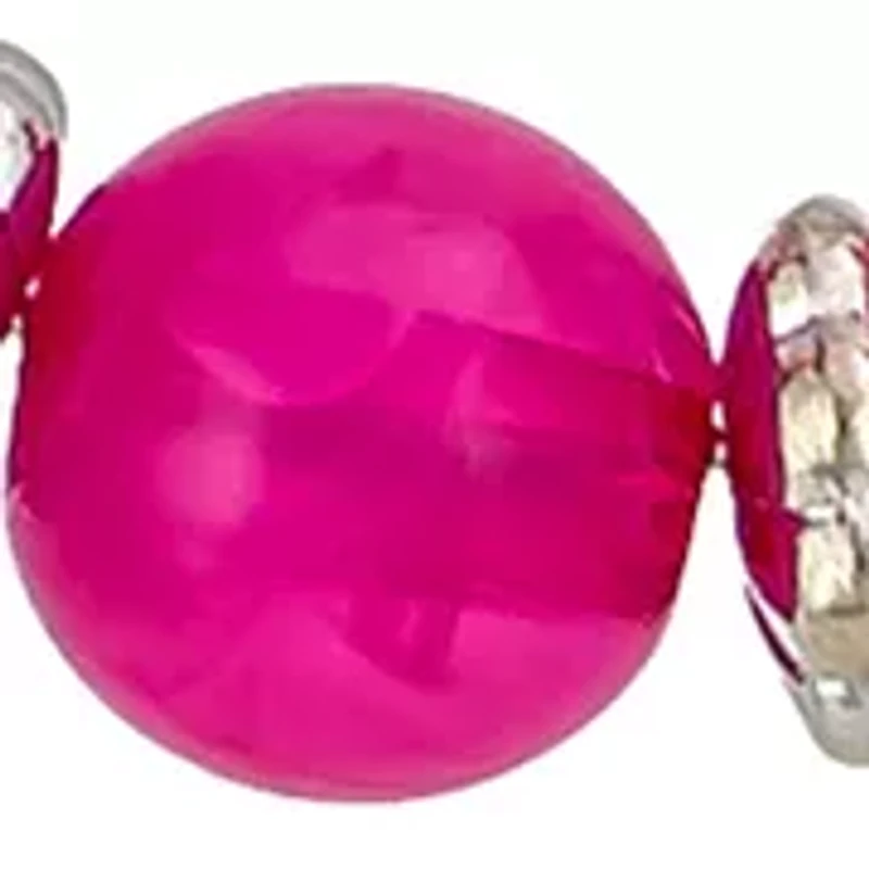 Silver-Tone Fuchsia Bead Open Gypsy Hoop Earrings with Post Top 