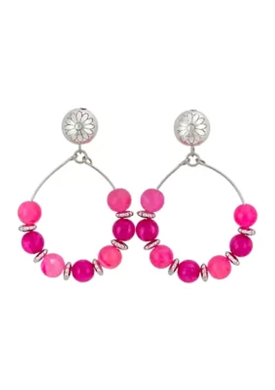 Silver-Tone Fuchsia Bead Open Gypsy Hoop Earrings with Post Top 