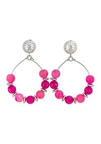 Silver-Tone Fuchsia Bead Open Gypsy Hoop Earrings with Post Top 