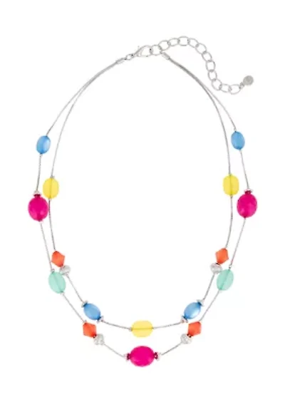 Silver-Tone 2-Row Multicolored Bead Station llusion Necklace 