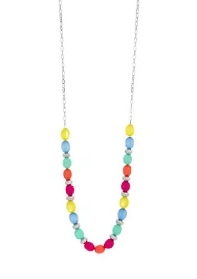 Silver-Tone Long Multicolored Bead Necklace with Chain Back