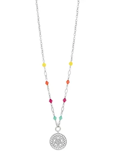 Silver-Tone Long Chain Necklace with Multicolored Bead Stations and Round Filigree Cutout Pendant 