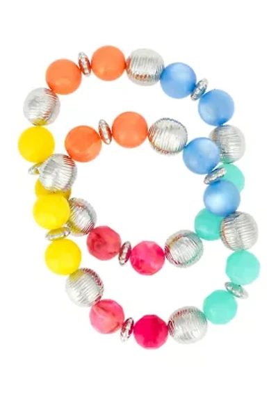 Silver-Tone 2-Row Multicolored Bead Stretch Bracelet 