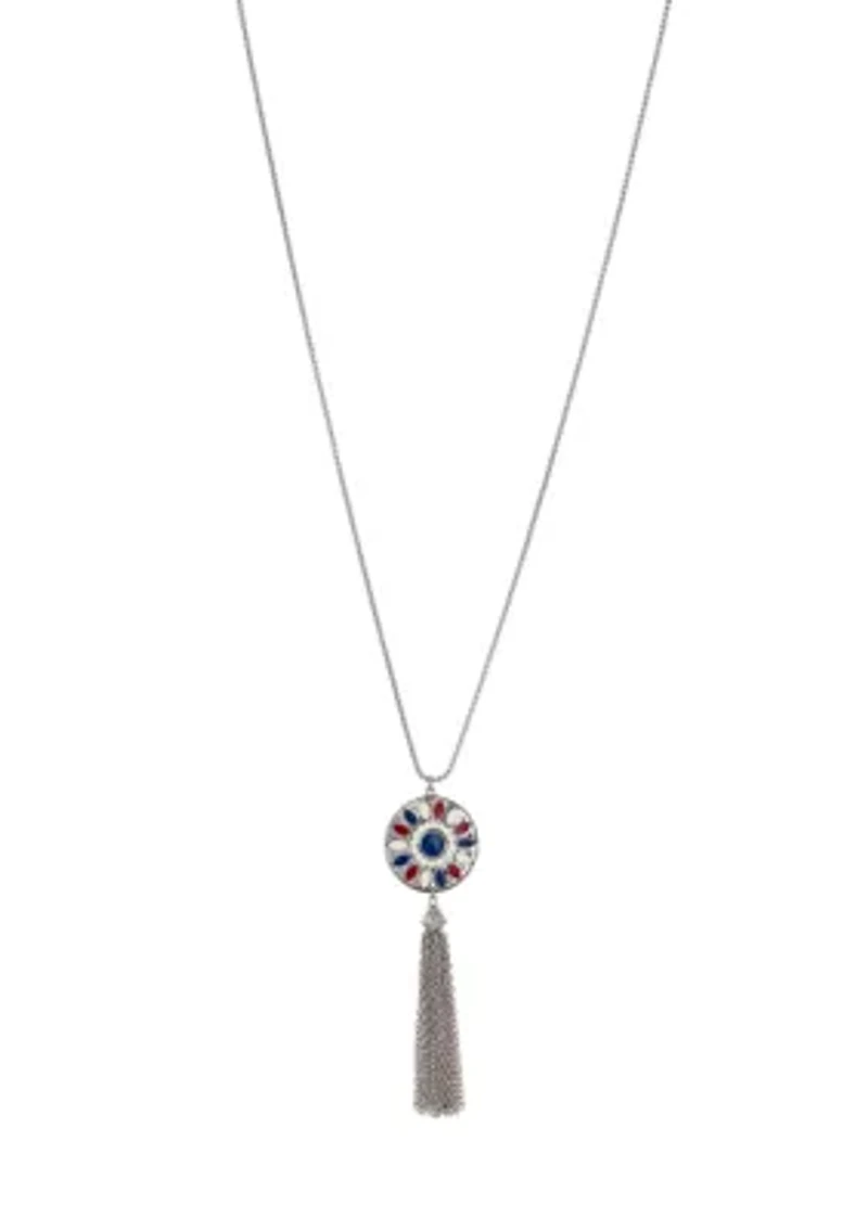 Long Red White Blue Enamel Disc Pendant Tassel Necklace