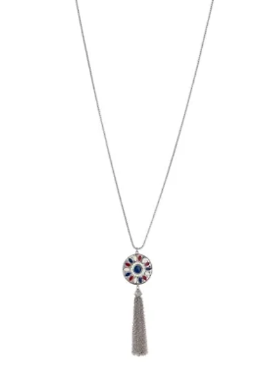 Long Red White Blue Enamel Disc Pendant Tassel Necklace