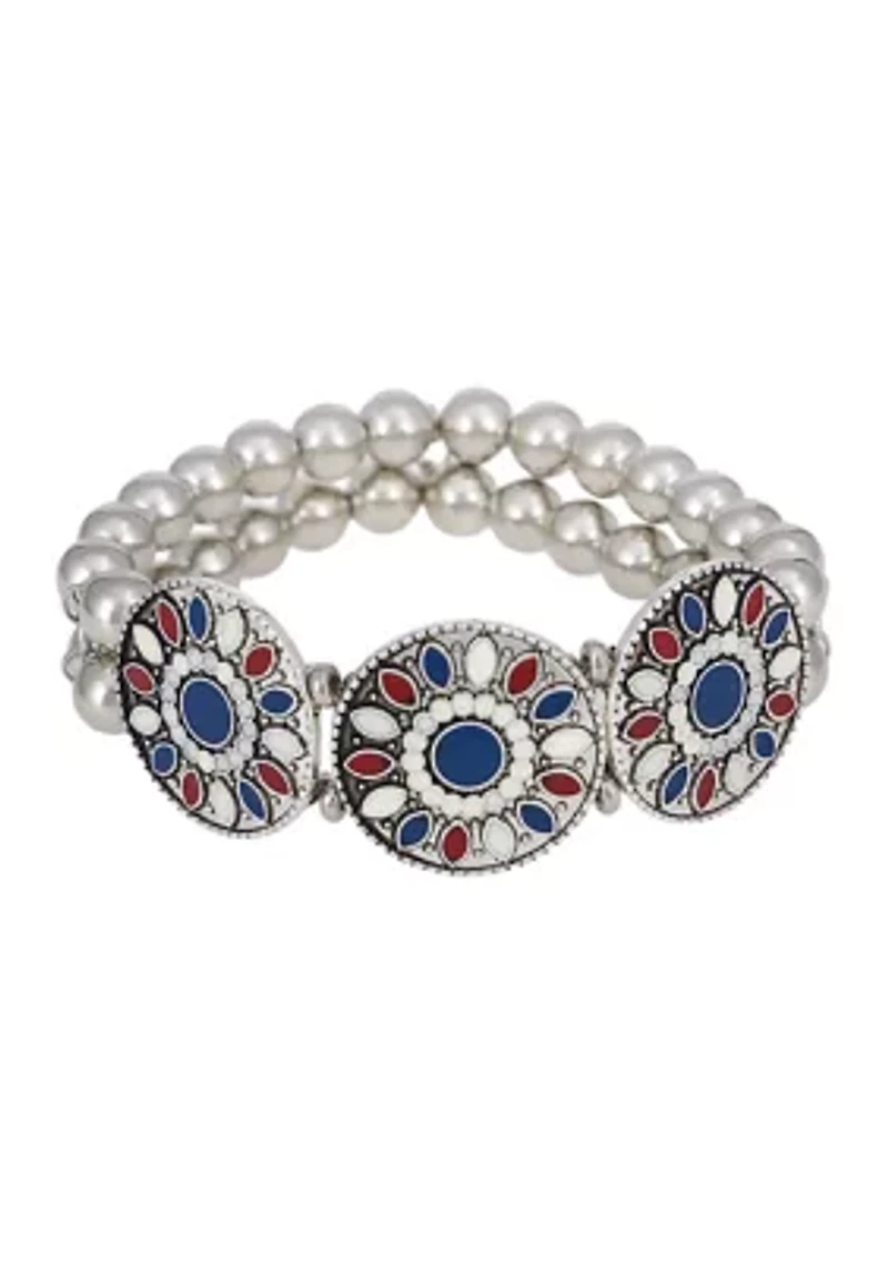 Red White Blue Enamel Disc Frontal Stretch Bracelet with Beaded Back