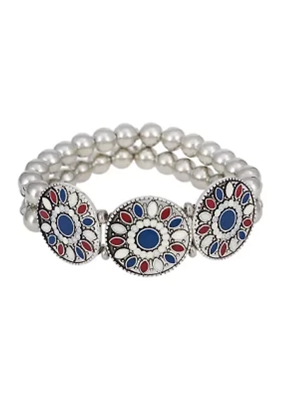 Red White Blue Enamel Disc Frontal Stretch Bracelet with Beaded Back