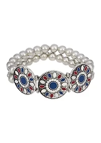 Red White Blue Enamel Disc Frontal Stretch Bracelet with Beaded Back