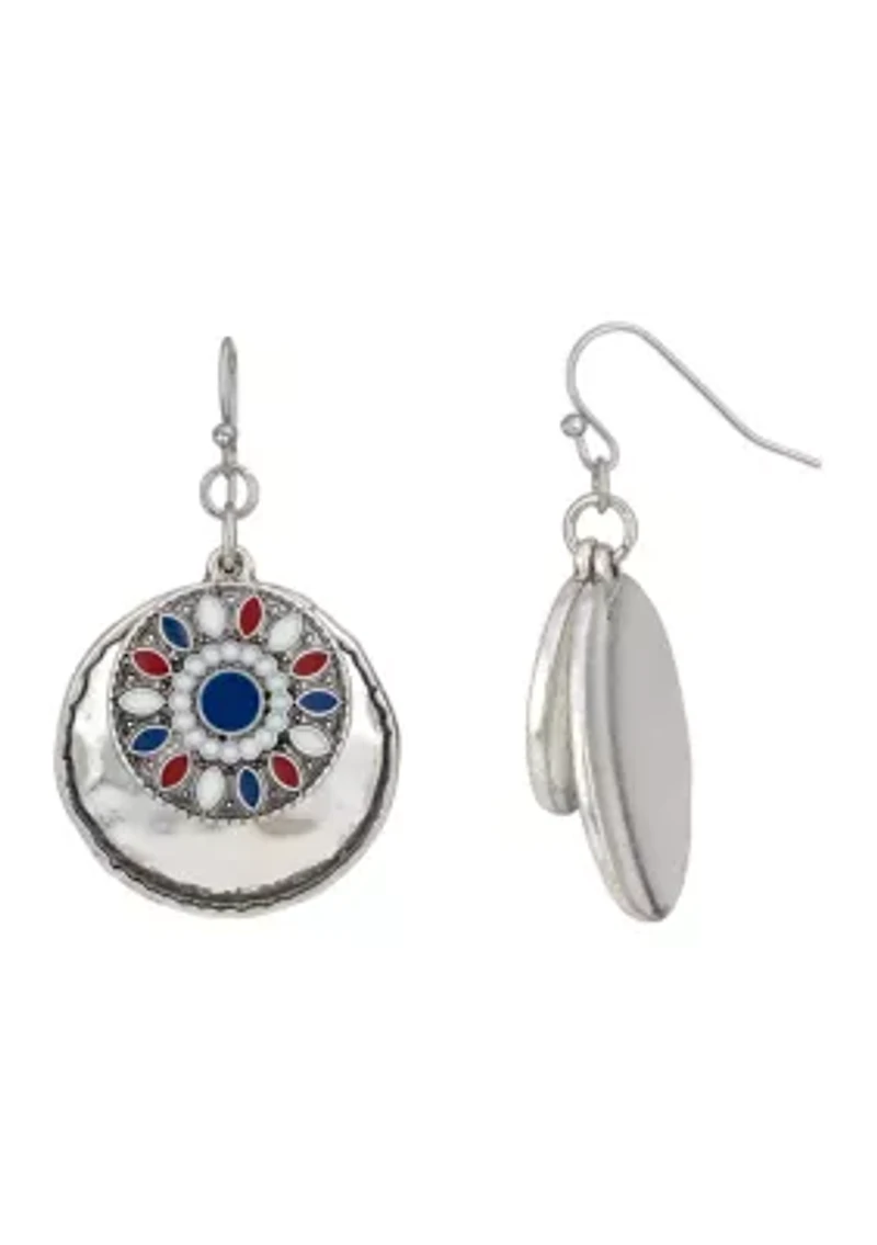 Layered Red White Blue Enamel Disc Drop Earrings