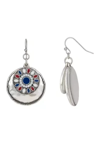 Layered Red White Blue Enamel Disc Drop Earrings