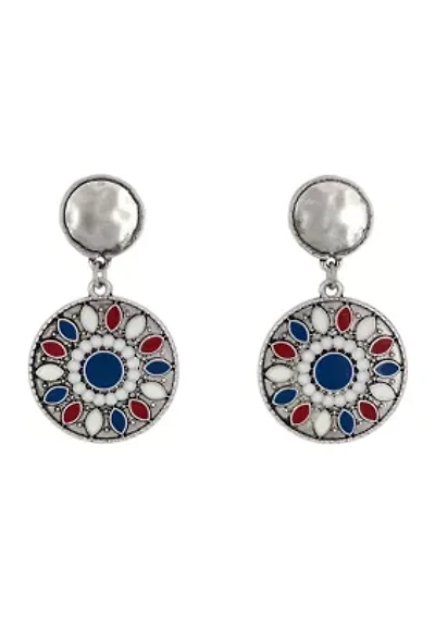 Red White Blue Disc Double Drop Earrings