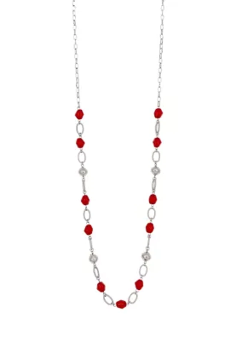 Silver-Tone Long-Linked Red Bead Necklace with Chain Back