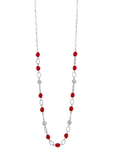 Silver-Tone Long-Linked Red Bead Necklace with Chain Back 