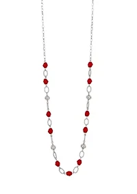 Silver-Tone Long-Linked Red Bead Necklace with Chain Back 