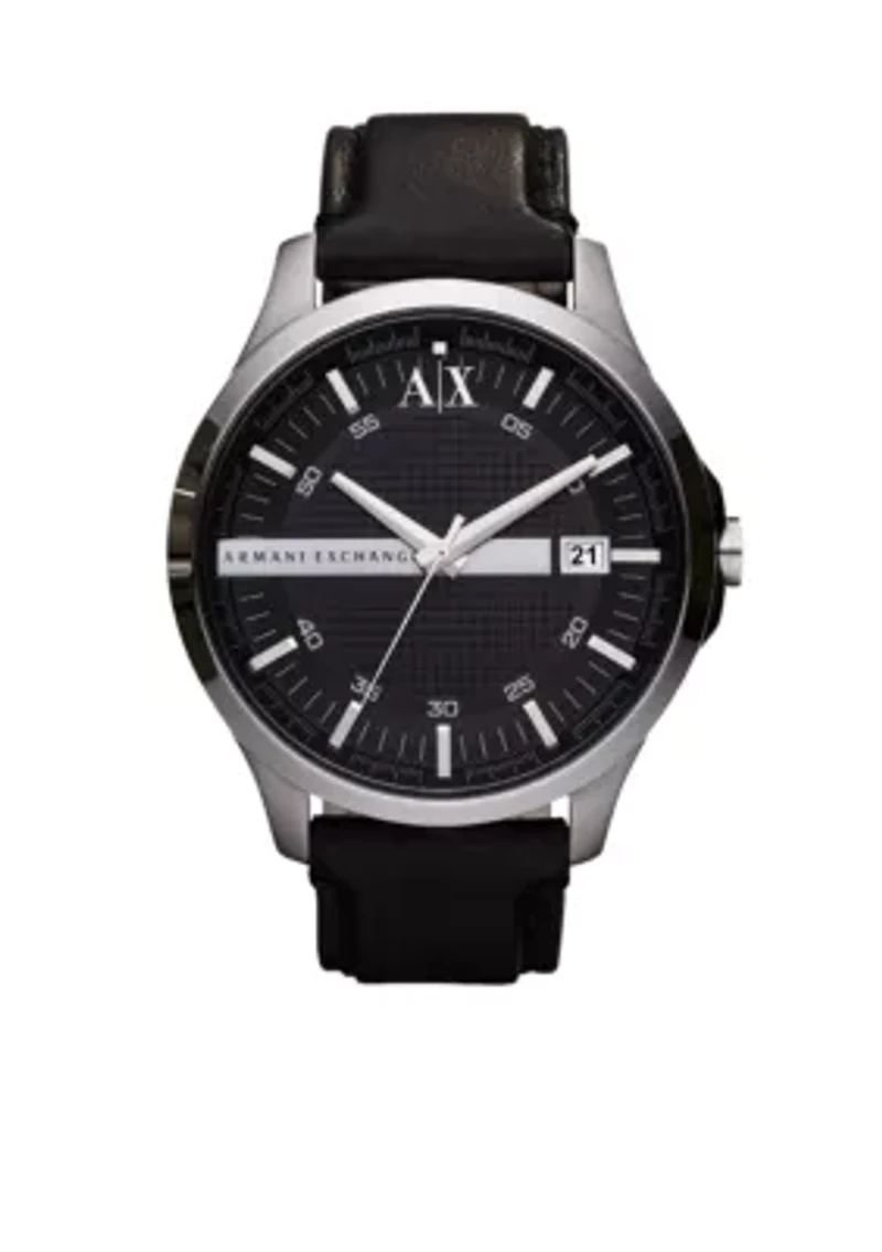 Three-Hand Date Black Leather Watch