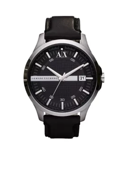 Three-Hand Date Black Leather Watch