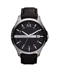 Three-Hand Date Black Leather Watch