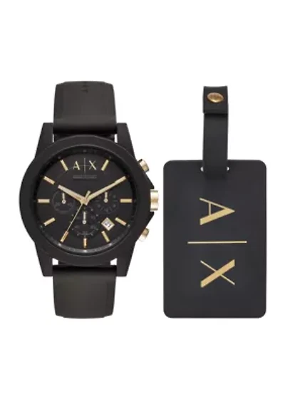 Chronograph Black Silicone Watch and Luggage Tag Gift Set