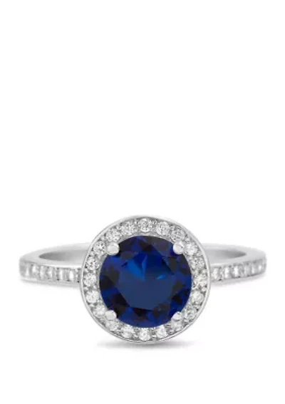 Sterling Silver Round Lab Created Blue Sapphire and Cubic Zirconia Halo Engagement Ring