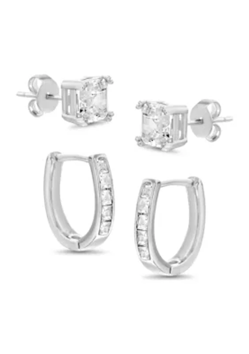 Asscher Cut Stud and Hoop Earrings Set 
