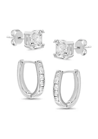 Asscher Cut Stud and Hoop Earrings Set 