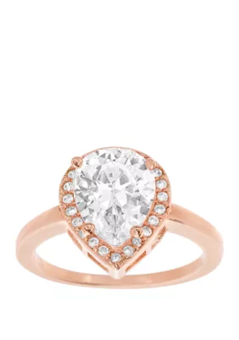 Rose Gold-Tone Sterling Silver Teardrop Cubic Zirconia Halo Ring