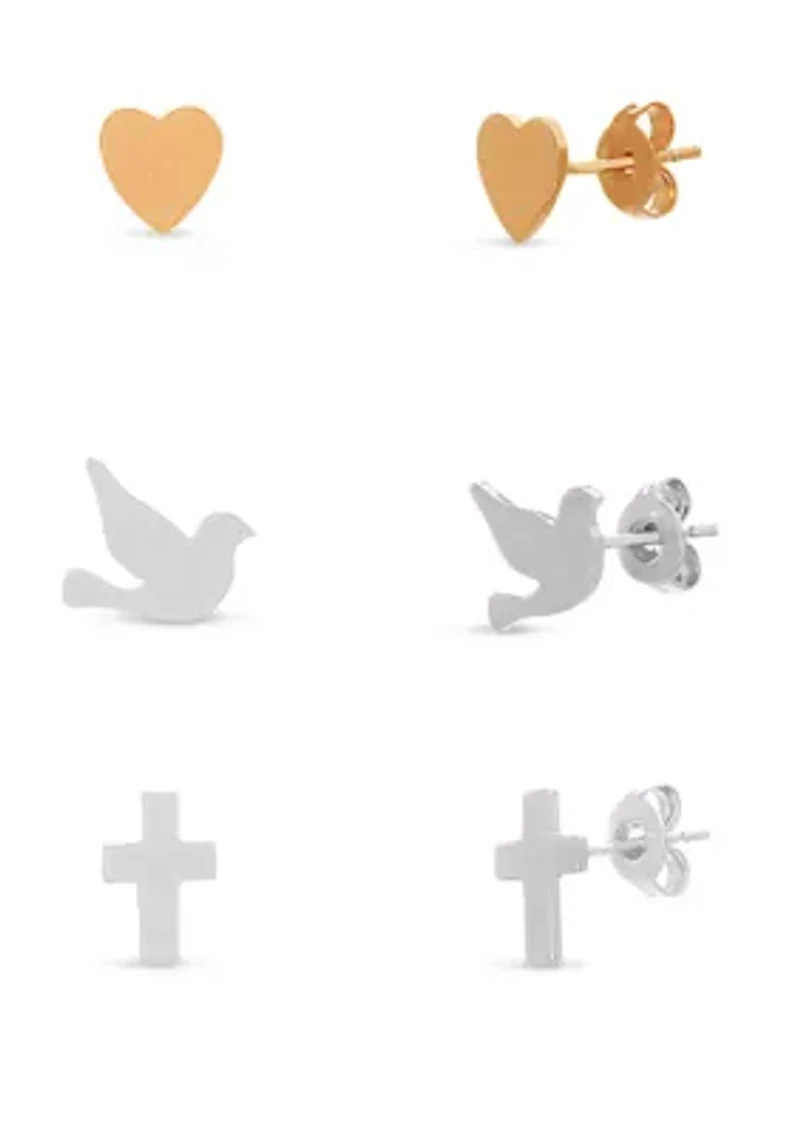 Sterling Silver Two Tone Heart, Dove & Cross Stud Earrings Set
