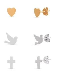 Sterling Silver Two Tone Heart, Dove & Cross Stud Earrings Set
