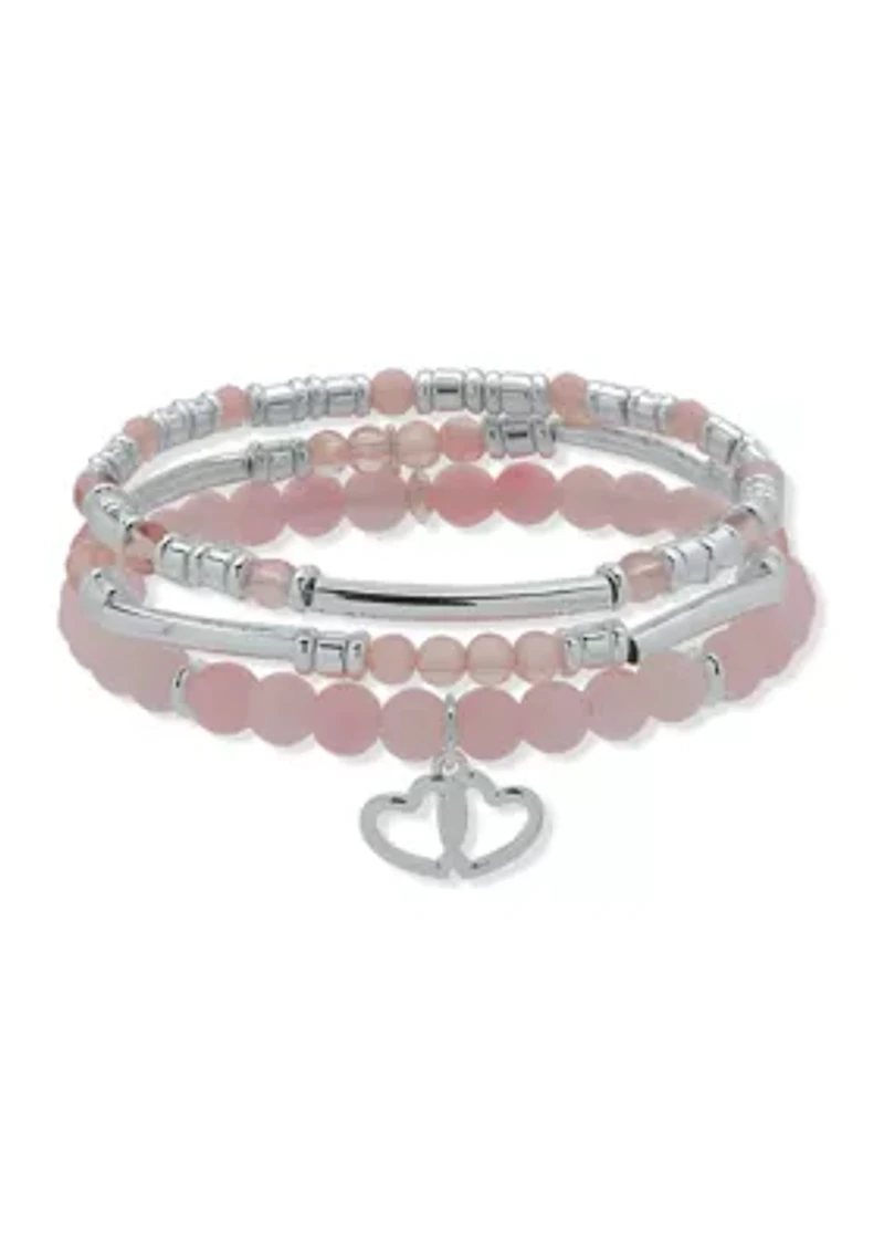 Silver Tone Rose Quartz Heart Charm Bracelet - Set of 3