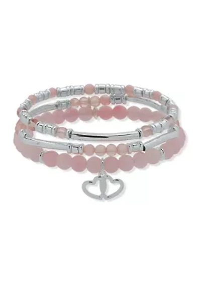 Silver Tone Rose Quartz Heart Charm Bracelet - Set of 3