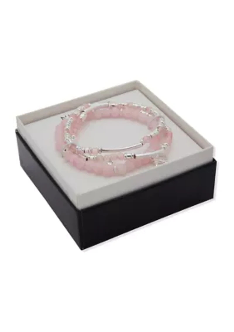Silver Tone Rose Quartz Heart Charm Bracelet - Set of 3