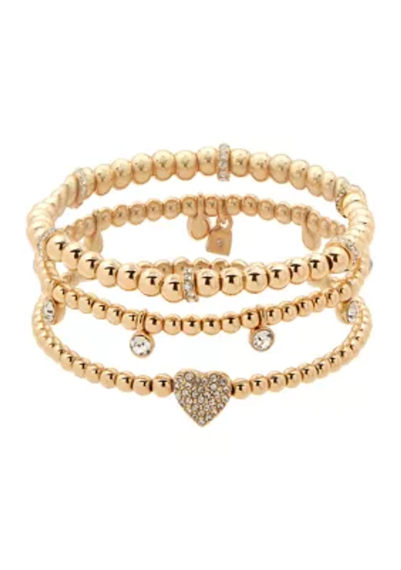 Gold Tone Set of 3 Crystal Pave Heart Stretch Bracelets - Boxed 