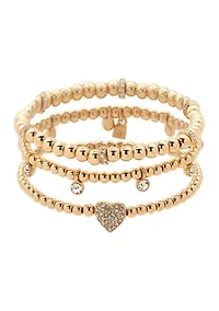Gold Tone Set of 3 Crystal Pave Heart Stretch Bracelets - Boxed 