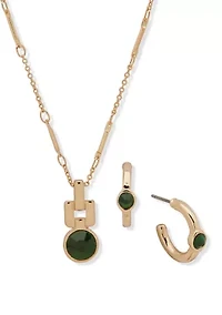 Gold Tone Emerald Pendant Drop Necklace and Earrings Set