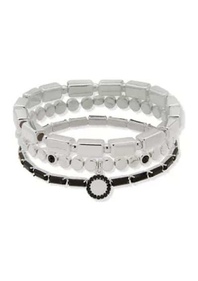 Silver Tone Black Beaded Stretch Bracelet Set