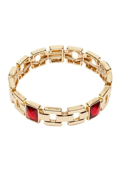 Gold Tone Square Red Stone Stretch Bracelet