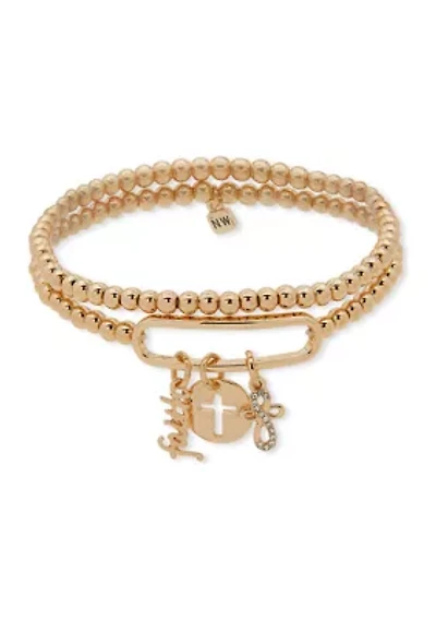 Gold Tone Crystal Cross Charm Bracelet Set