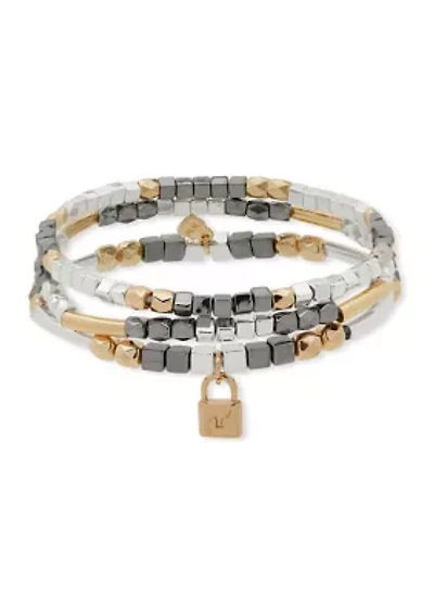 Tri Tone Lock Charm Stretch Bracelet Set