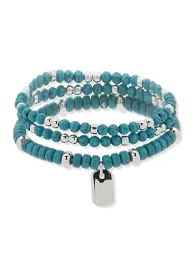 Silver Tone Turquoise Dog Tag Stretch Bracelet Set