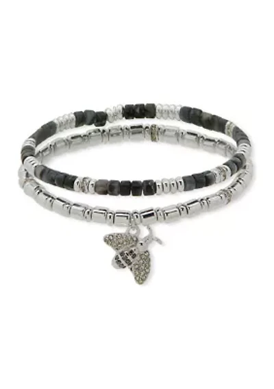 Silver Tone Jet Bee Stretch Bracelet Set