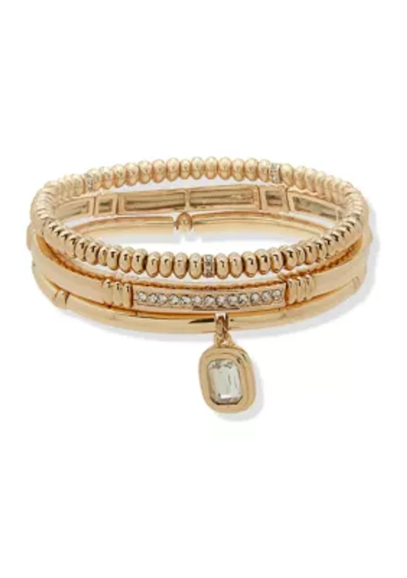 Gold Tone Crystal Charm Stretch Bracelet Set