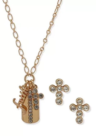Gold Tone Crystal Dogtag Necklace and Earrings Set