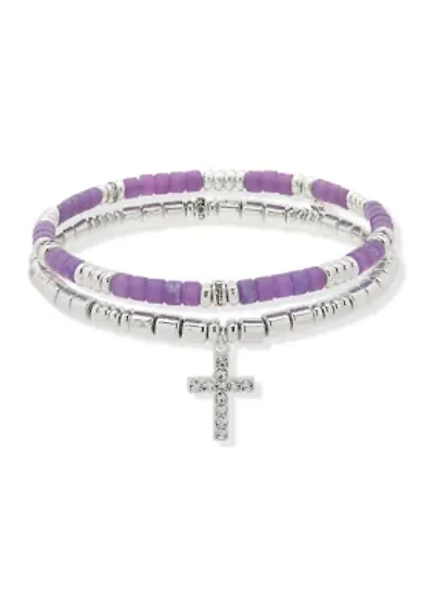Silver Tone Purple Pave Cross Stretch Bracelet Set
