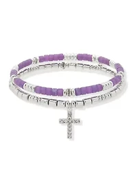 Silver Tone Purple Pave Cross Stretch Bracelet Set