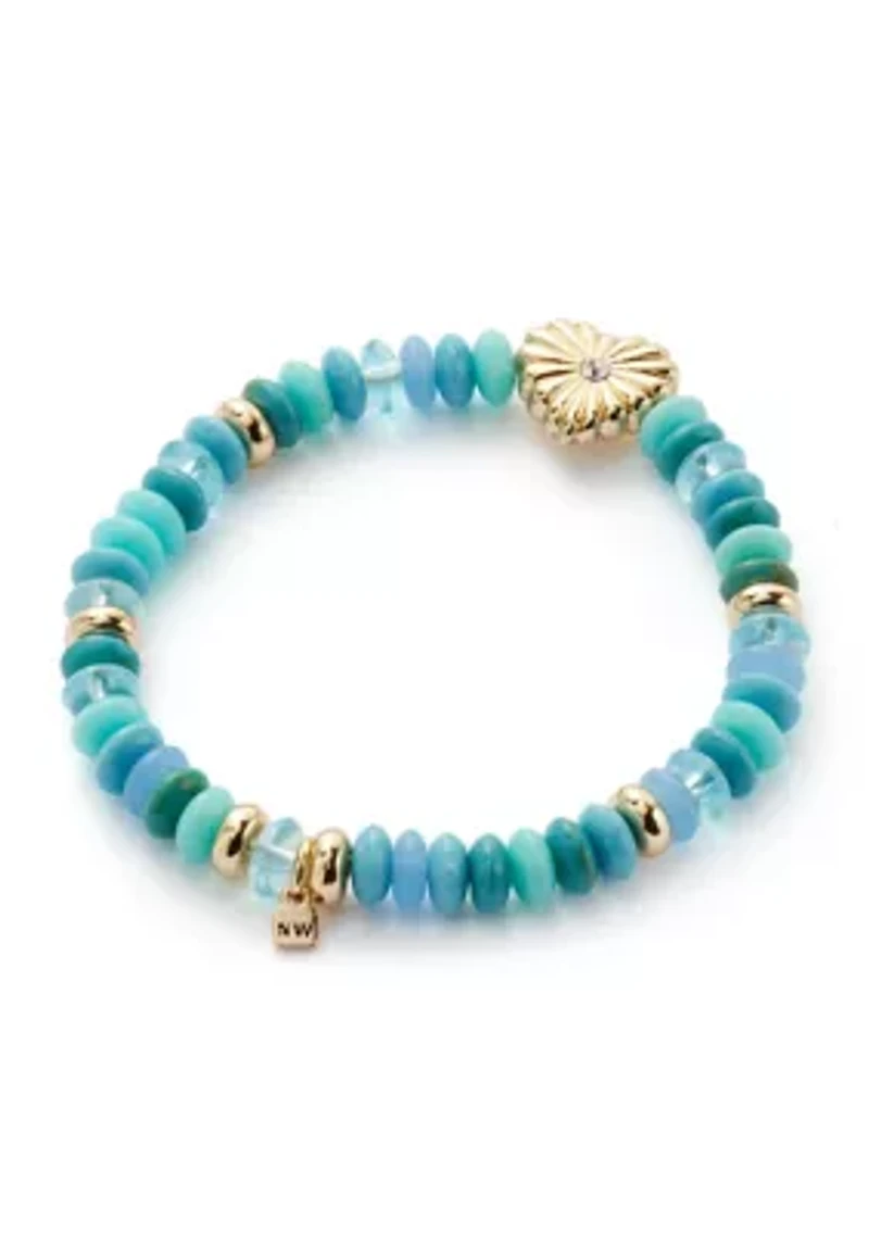 Gold Tone Heart Blue Bead Stretch Bracelet